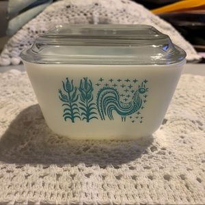 Pyrex White Dish with Blue Rooster Design